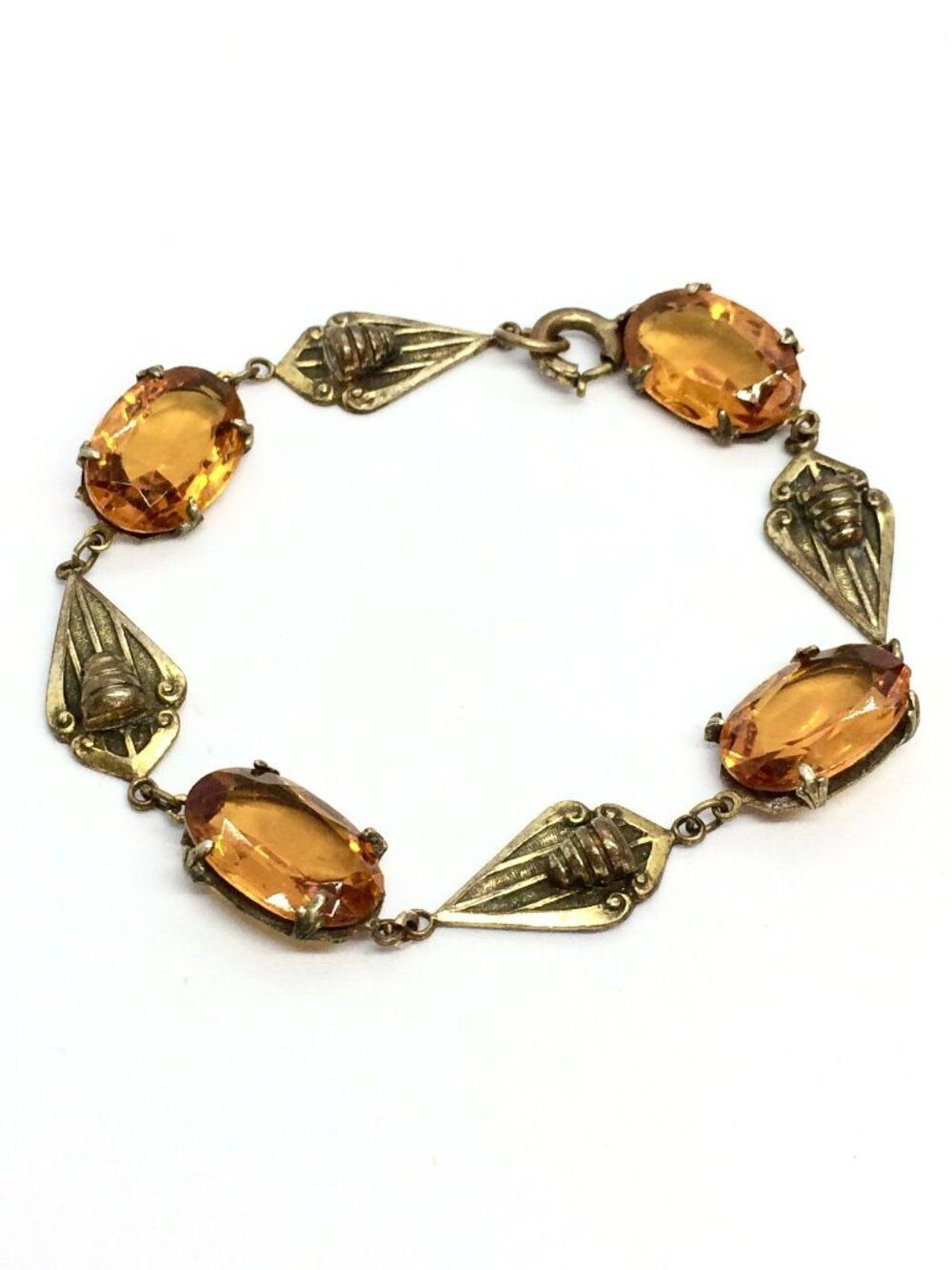 VINTAGE VICTORIAN BRACELET Orange Faceted Glass Brass Openwork Panel Link